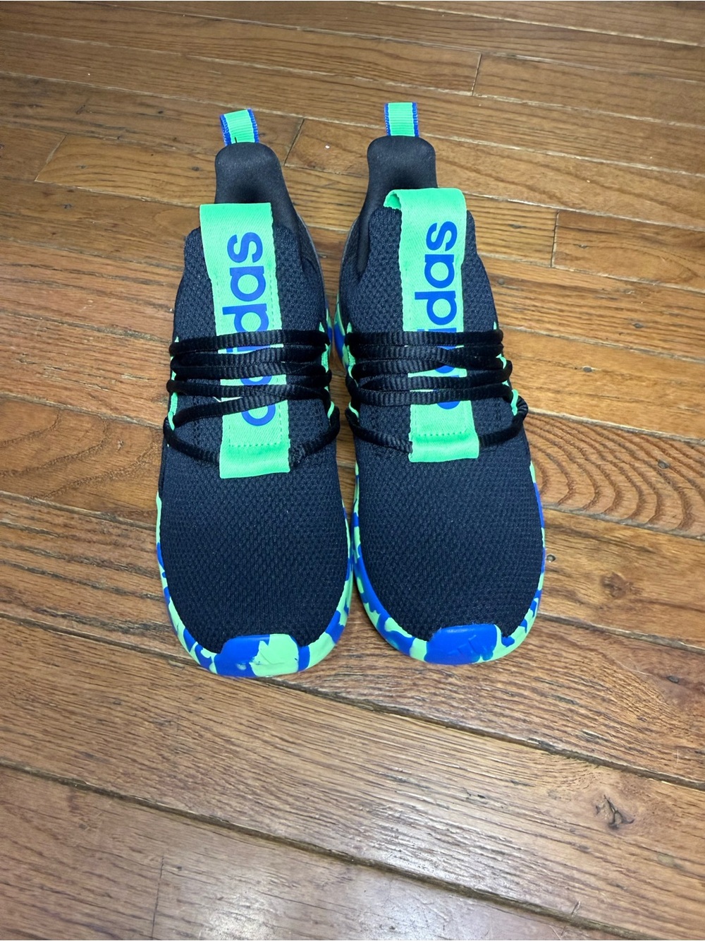 NWOT adidas Kids Black Sneakers with Neon Green & Blue Accents
